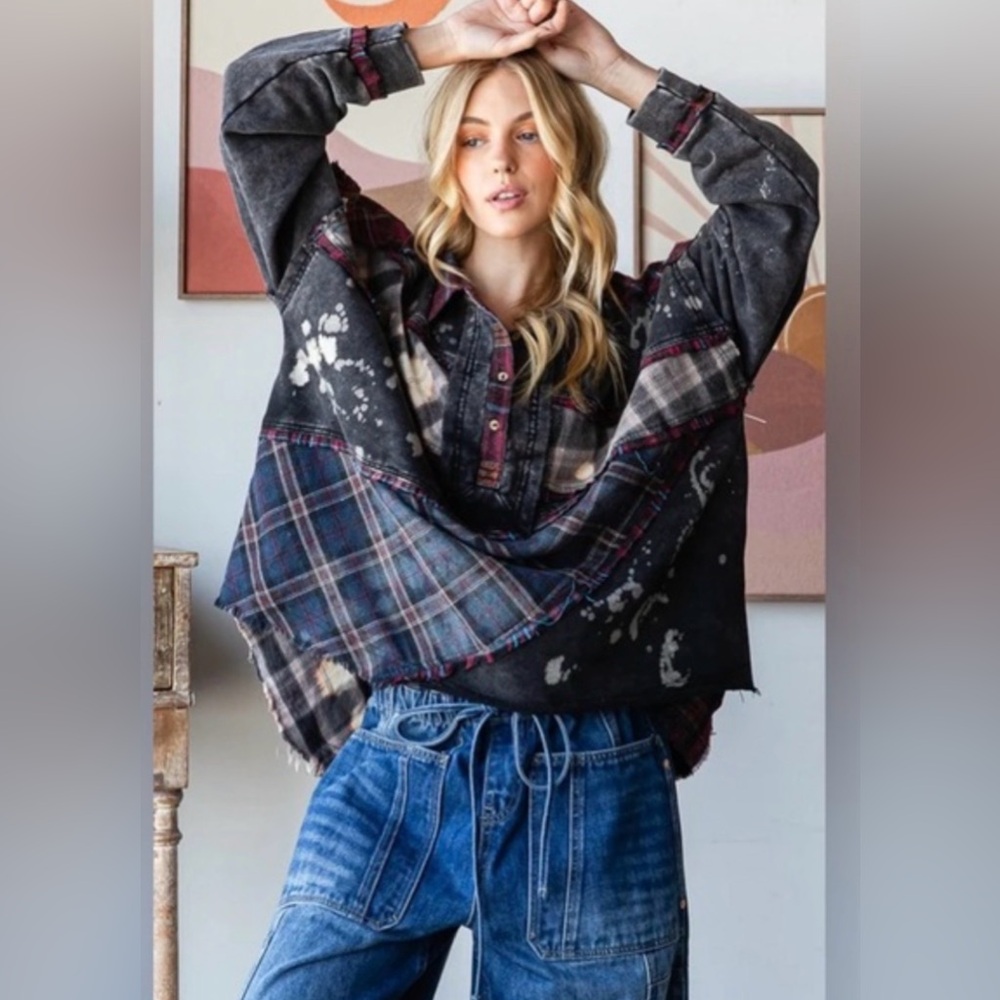 New Oli & Hali Plaid and Denim Patchwork Shirt size XL 🌺🌹🌸  BIN P